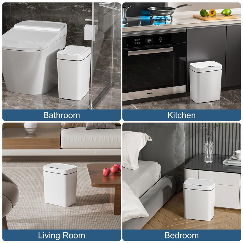 White Slim Touchless Motion Sensor Plastic Trash Can Set