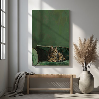 1pc Framed Canvas Wall Art Prints Poster, Tabby Cat Lounging Wall Art Velvet Sofa Art Posters Canvas Print Painting for Living Room Bedroom Office Bathroom Dorm Home Decor, Ready To Hang
