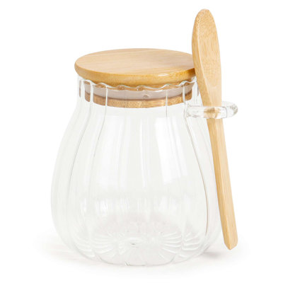 Contenant à sucre 12 oz en verre avec cuillère, contenants en pot en bambou pour les grains de café, thé aux épices