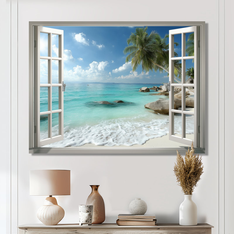 «Open Window Beach Views In Mexico - Coastal Windows», art mural encadré blanc bord de mer, H 40 po x l 30 po, Toile tendue
