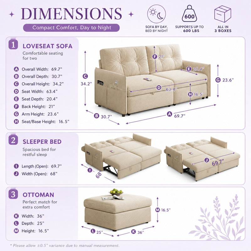 Causeuse convertible 2 places Cordessia, Beige