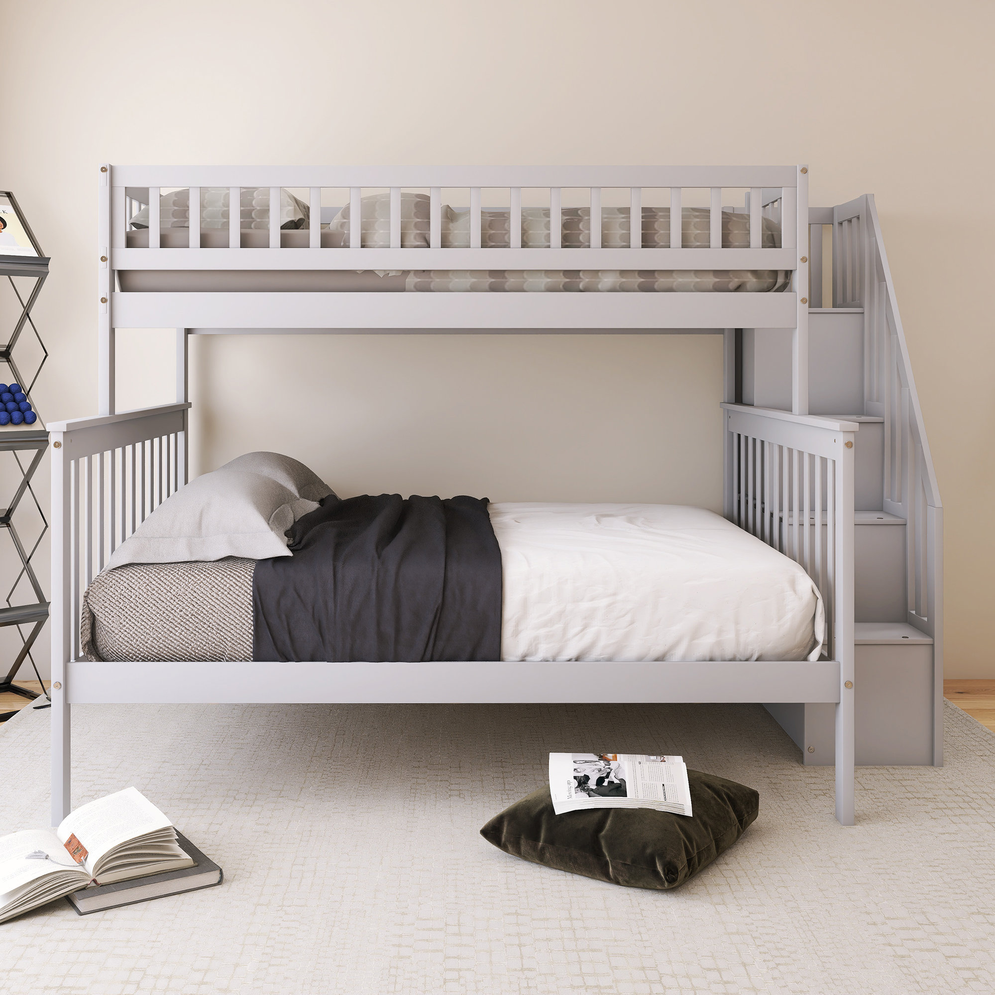 Harriet Bee Wood Frame Twin Over Full Size Bunk Bed With Stairway ...