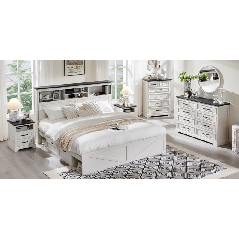 Etsuyo Farmhouse King Bed Frame with Headboard and Power Outlets,  Wood Platform Bed with Storage, 4 Drawers ,Led Light, No Box Spring Needed