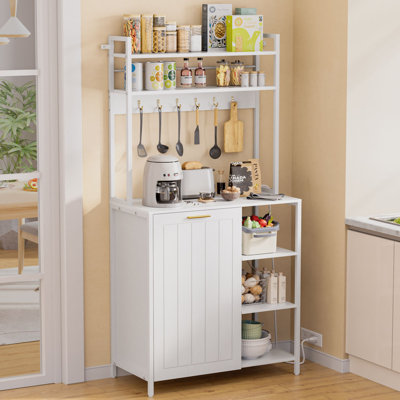 Kitchen Bakers Rack with Power Outlets, Microwave Oven Organizer with Tilt Out Trash Can Cabinet Storage Shelf 6 Tiers