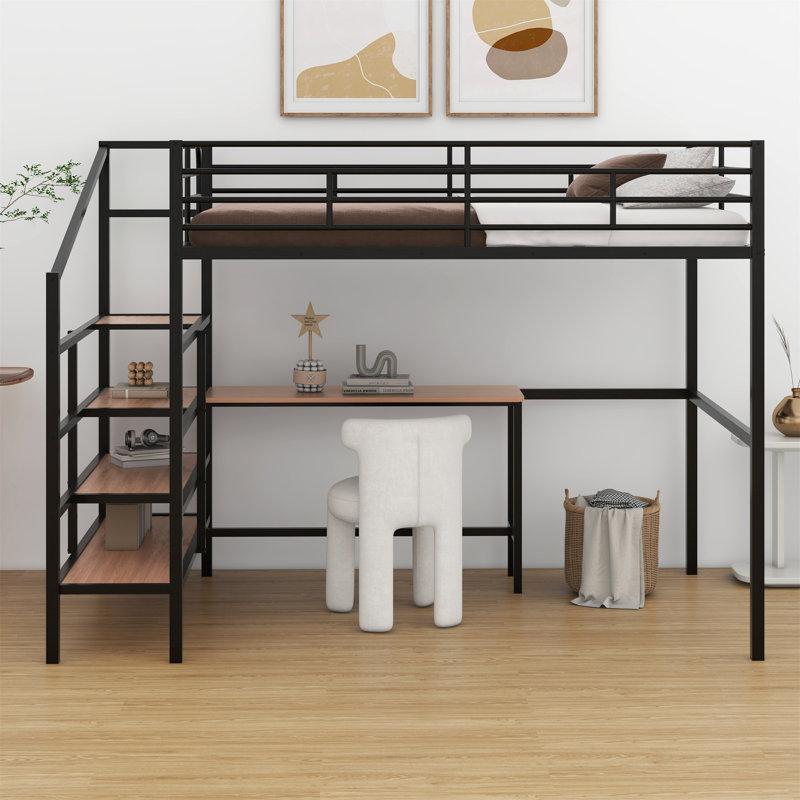 Lit mezzanine en métal avec bureau et échelle de rangement latérale, Noir