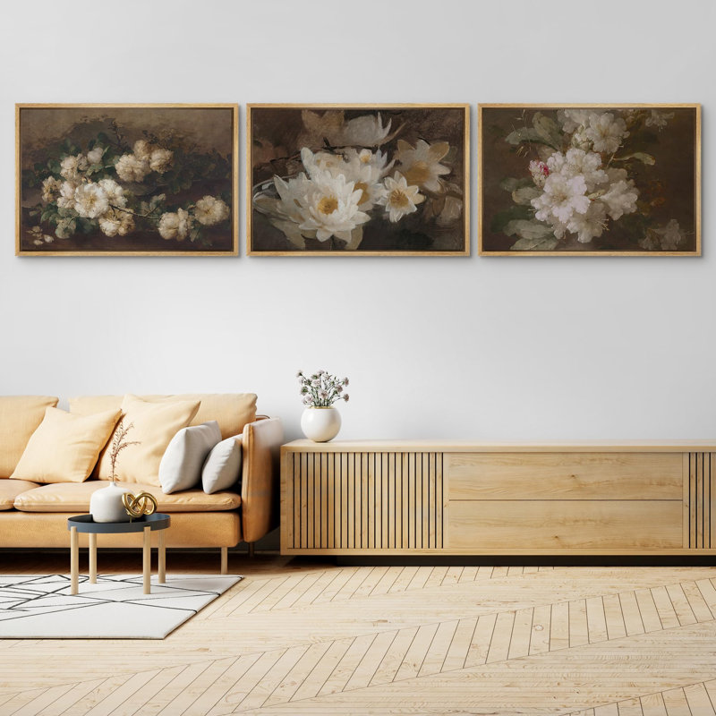 "Bouquets de fleurs de jardin rétro" - 3 pièces, H 24 po x l 36 po, Encadré naturel