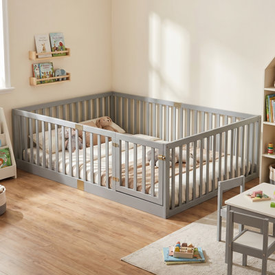 Lit double avec rails latéraux hauts, cadre de lit en bois d'hévéa avec rails de sécurité, matelas non inclus