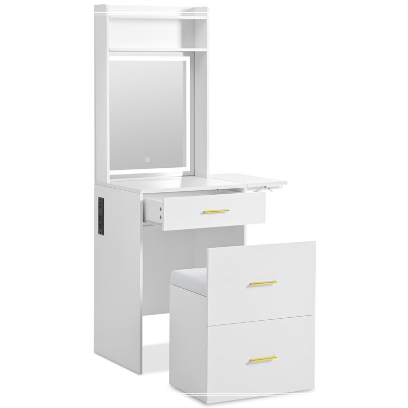 Small Vanity Desk with Mirror and Light, Dressing Table with Charging Station & Fold-up Panel for Small Space, Compact Makeup Vanity Set with Hidden Stool for Bedroom