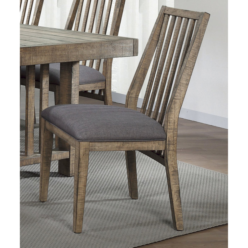 2Pc Wooden Side Chairs - Brown Wood Frame Grey Fabric Padded Seats For Dining Room Of 2 Rustic Industrial Style