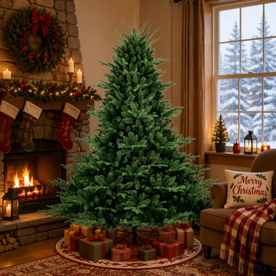 Full-Shaped 7FT Christmas Tree with 2257 Tips – PE/PVC Mixed Needles, Wide Base for Large Spaces, Hinged Structure for Easy Setup, Metal Stand for Strong Support