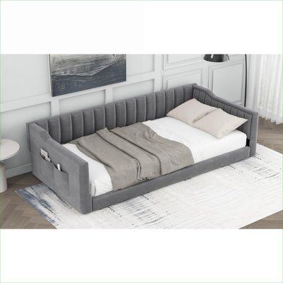 For Small Spaces Dorms and Guest Rooms, Upholstered Platform Daybed Twin XL Sleeper Cool Gray Velvet with Side Storage Pocket