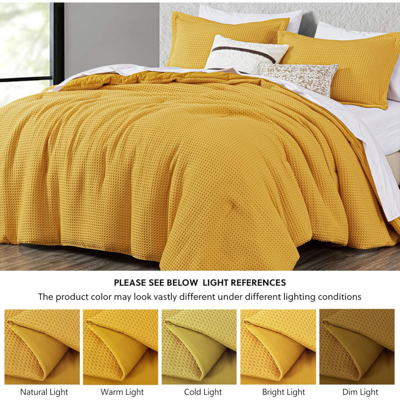 Wilmer Waffle Weave Textured Comforter Set, Full Comforter + 2 Standard Shams, Gold