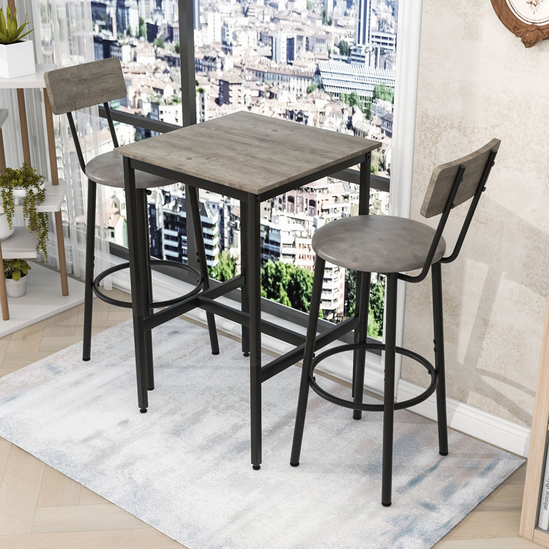 Ensemble de table de bar 3 pièces avec table et 2 tabourets rembourrés en polyuréthane pour économiser de l'espace, Gris