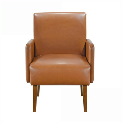 Mid-Century Modern Walnut Brown Faux Leather Accent Chair, Solid Wood Walnut Finish Single Seating for Living Room, Adult Use