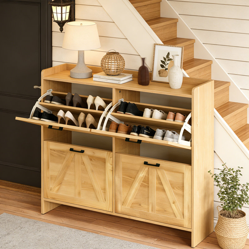 Shoe Storage Cabinet With 4 Flip Drawers,Modern Shoe Organizer For Entryway, Natural