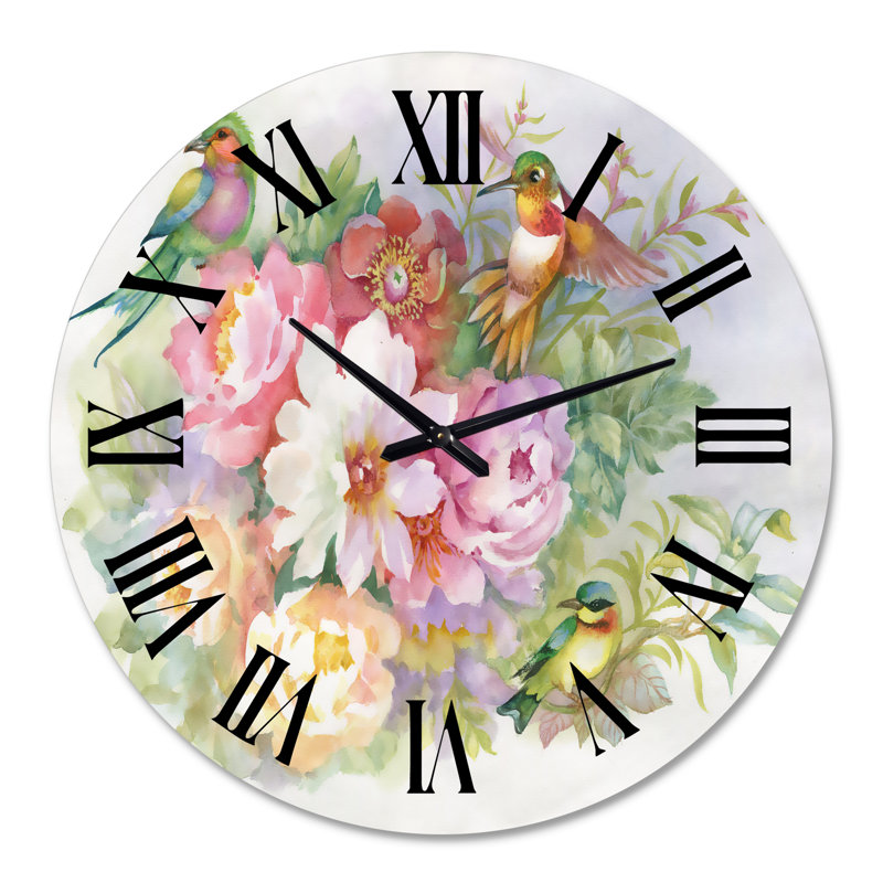 Horloge murale traditionnelle avec fleurs vibrantes et oiseaux colorés, Grand