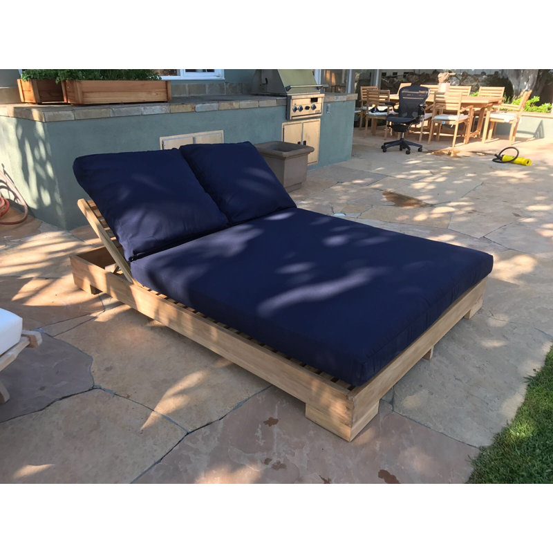 Teak Double Reclining Teak Chaise Lounge with Cushion, Spectrum Carbon