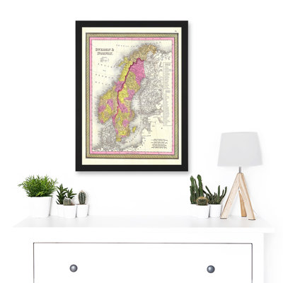 1850 Mitchell Vintage Map of Sweden And Norway 1 Piece Single Picture Frame Wall Art