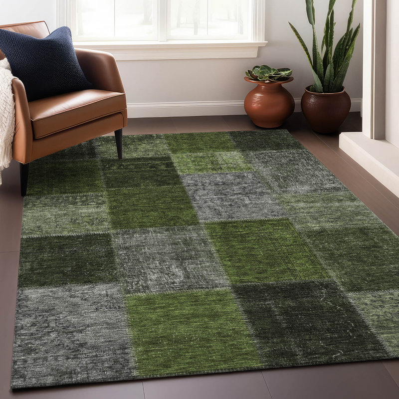 Premium Machine Washable Prisco Olive Rug, Rectangle 3' x 5'