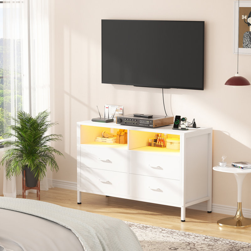 Hoston 4 Drawer Dresser With LED Lights And Power Outlets, White