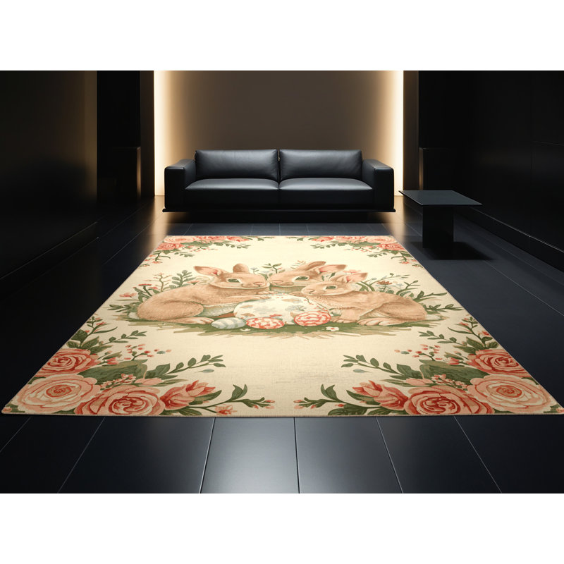 Machine Washable Ahart Easter Modern & Contemporary Abstract Rug in Beige – Beige Binding, 2x4