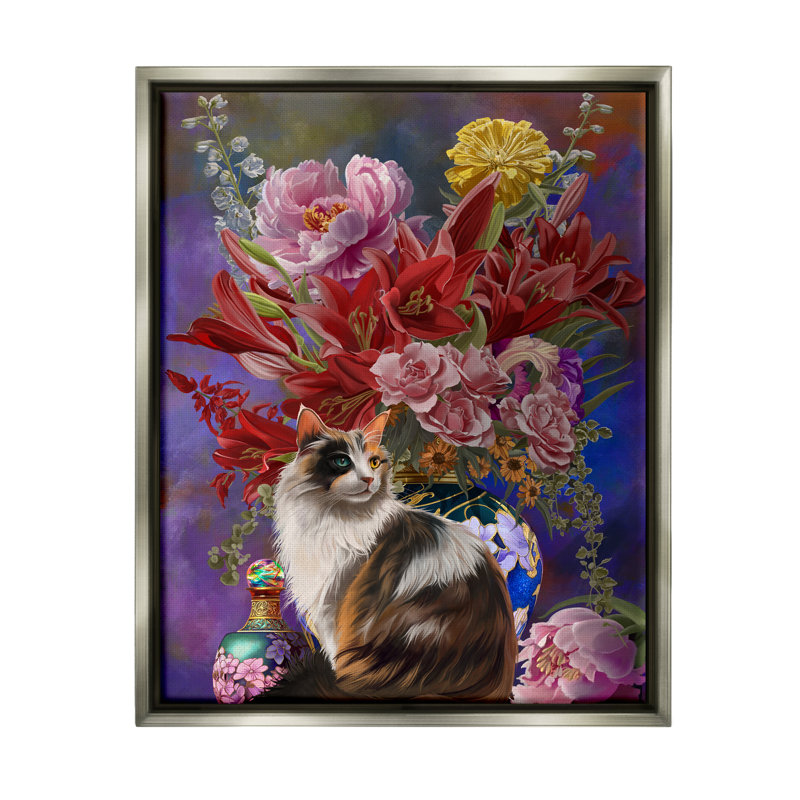 Chat et fleur chinois sur toile, Cadre flottant gris lustré, H 31 po x l 25 po