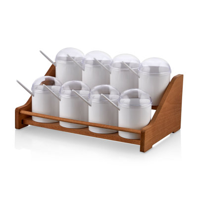 Spice Jar & Kitchen Shelf Set (8 Pieces), BPA-Free Plastic Jars (9.8 x 9.8 x 4.7 in), Wooden Stand (12.8 x 6.9 x 5.1 in) | Dishwasher Safe, Modern Design for Organized Kitchen | Perfect for Seasoning Storage