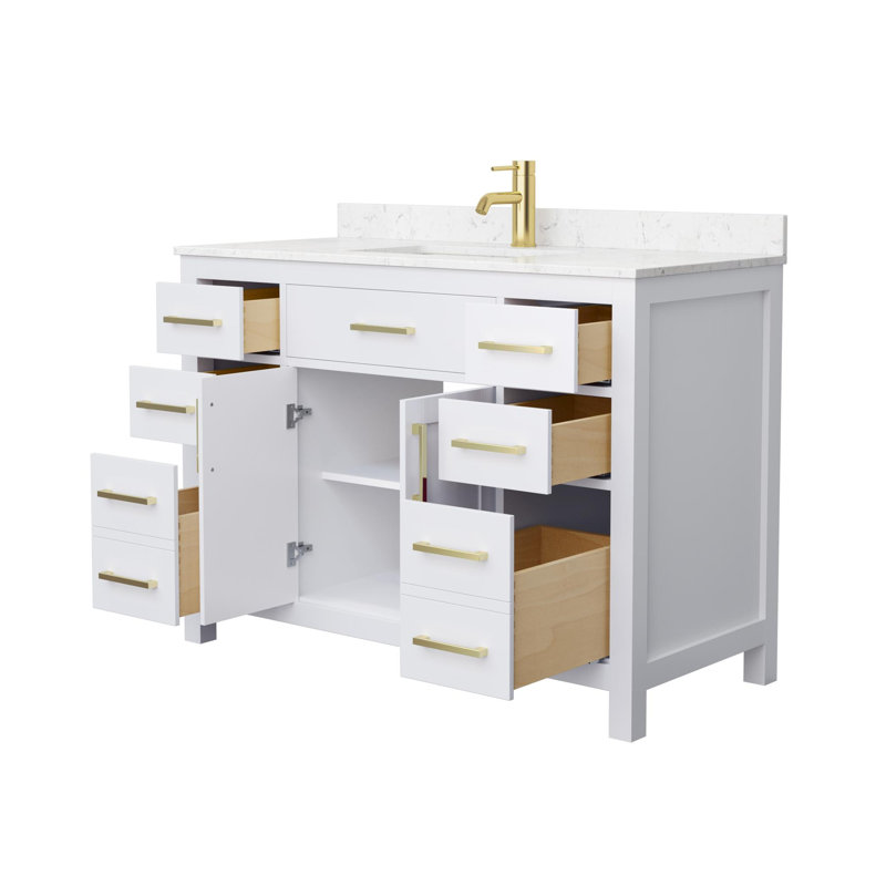 Meuble-lavabo simple autoportant 48 po avec plateau en marbre Beckett, Blanc, Or brossé, Marbre de culture de Carrare