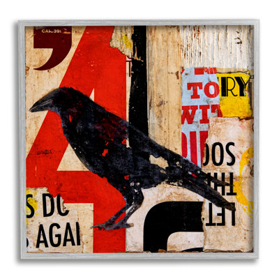 Oiseau noir au pochoir au pochoir, mots abstraits superposés, art texturé par Erin Ashley
