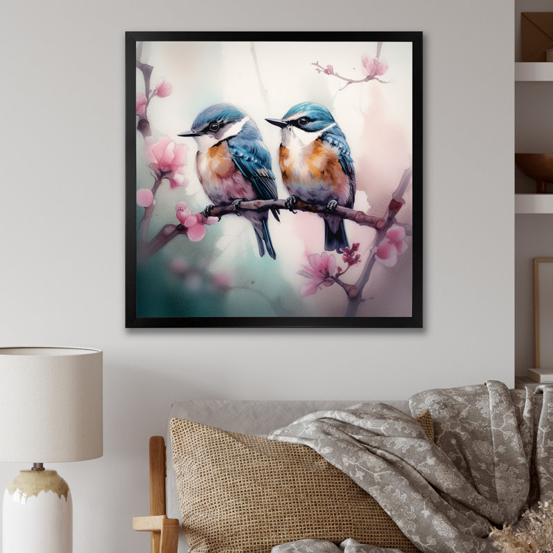 Oiseaux bleus sur une branche II, Impression noire sur toile encadrée, H 16 po x l 16 po x P 1 po