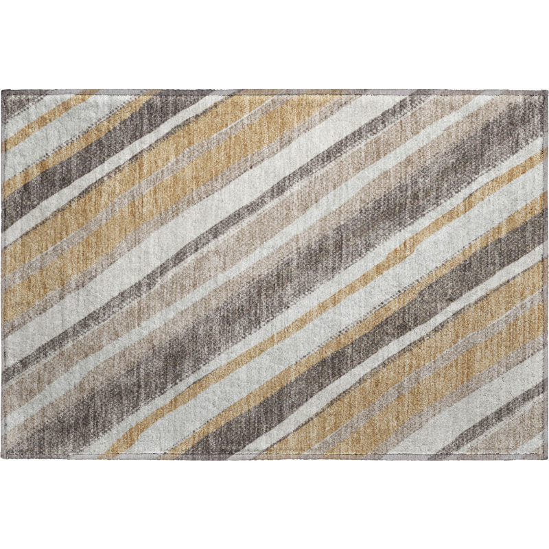 Premium Machine Washable Mayfield AMF2282 Striped Rug, 1'8" x 2'6", Gold