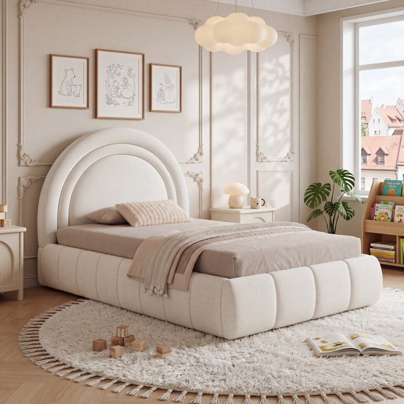 Velvet Bed with Hydraulic Storage & 10 cm Thick Padded Headboard, Beige