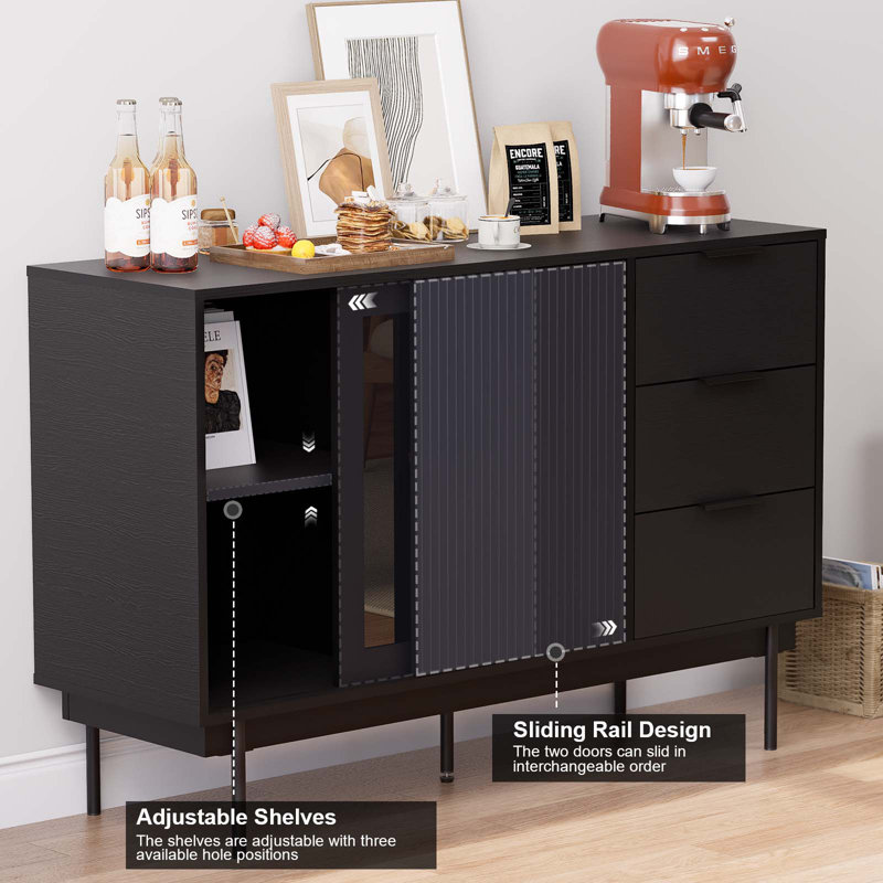 Black Wood Sideboard with Sliding Doors and Drawers, 47" x 31.5"