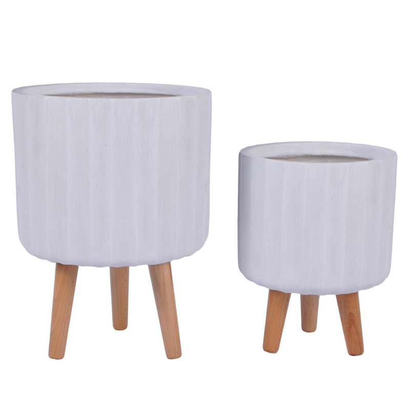 Modern Ribbed Cylinder Round Planter with Feet, Black, 41cm H x 30cm W x 30cm D