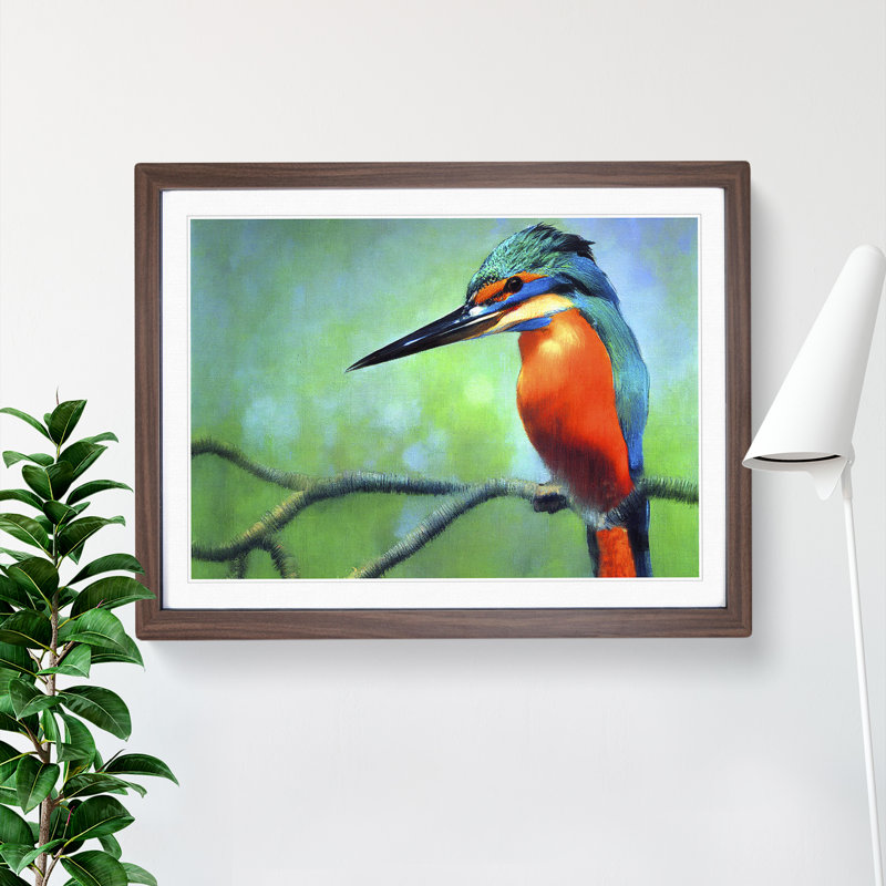 Great Kingfisher Bird - Single Picture Frame Painting, 34cm H x 46cm W x 2cm D, Walnut