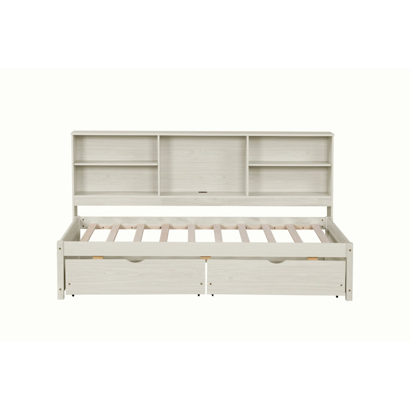 Bed Frame With Side Bookshelves, Two Drawers, And Built-in USB Port, Twin