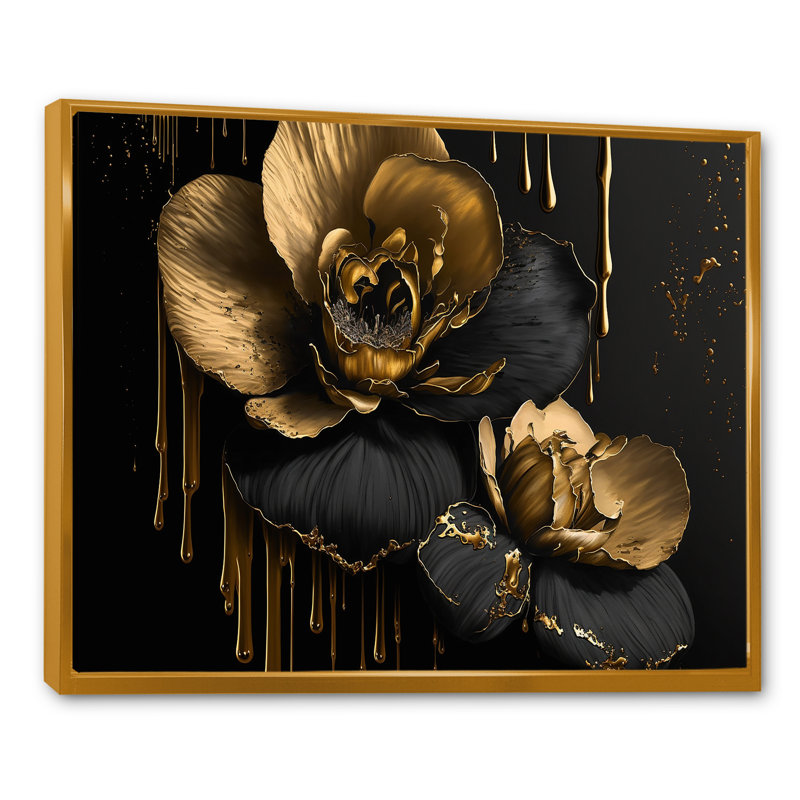 Orchidée noire et or II - art mural encadré orchidée, Cadre flottant doré, H 24 po x l 32 po x P 1 po