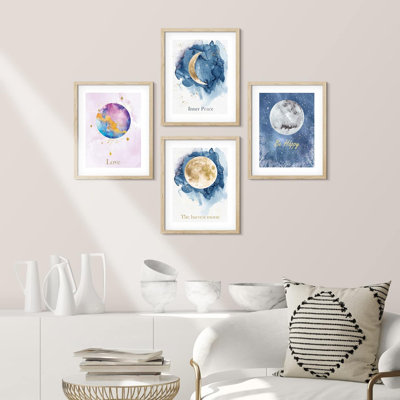 Aquarelle, pastel, lune, étoiles, astronomie, collage, ensemble de 4 mots, art mural, impressions encadrées encadrées sur papier, impression de 4 pièces