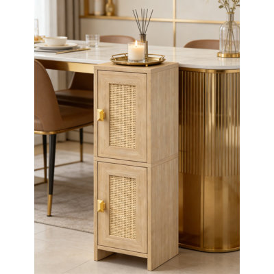 Rattan Bathroom Storage Cabinet With 2 Doors, Narrow Toilet Paper Organizer For Small Spaces, Slim Corner Unit With Adjustable Shelf, Natural Oak Finish