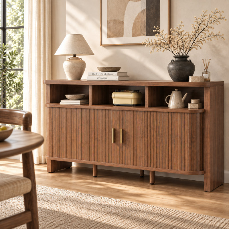 Buffet de 55 po avec rangement, crédence cannelée avec porte coulissante et tablette ouverte, console de style café moderne Mid-Century pour cuisine, salon, entrée, noyer