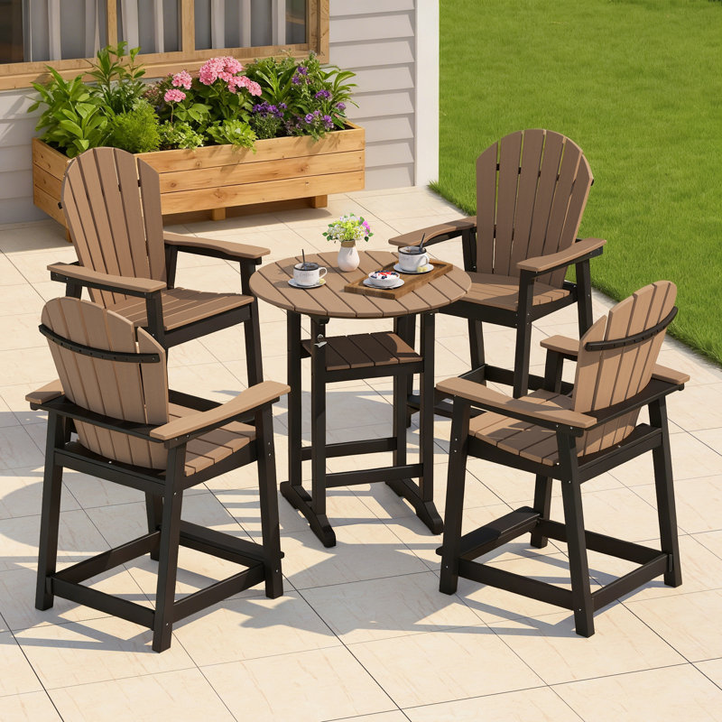 5-Piece Outdoor HDPE Bar Set, Patio Adirondack Chairs With 31.5" Round Table, Black/Brown