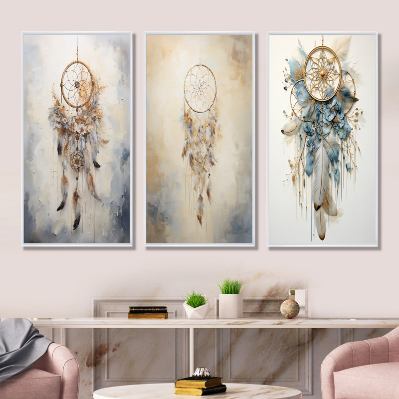 Thread Of Dreams - Dreamcatcher bleu - ensemble de 4 impressions sur toile, H 28 po x l 36 po, Cadre flottant blanc