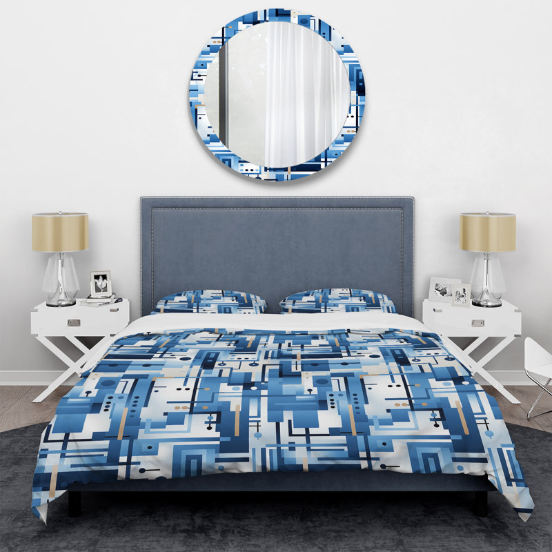 Ensemble de housse de couette à motif géométrique Urban Cobalt Blue And Bwhite Grid Geometric II