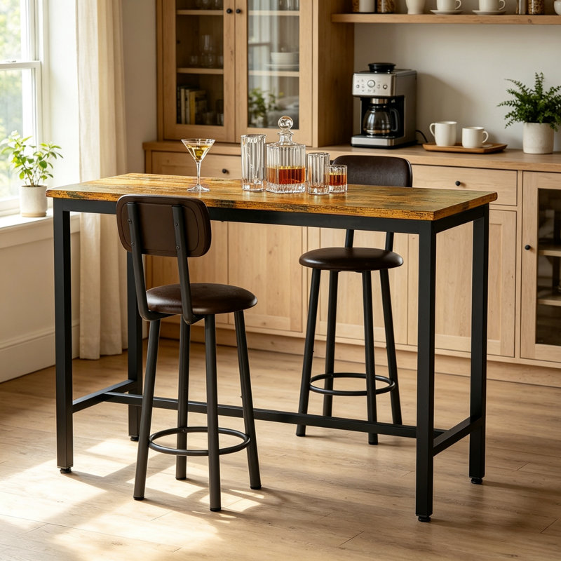 3 Piece Bar Table Set Of 2, 47" Rectangle Pub Bar Table With 2 PU Leather Upholstered Backrest Stools, Small Space Kitchen Dining Table Set For Kitchen, Living Room, Apartment