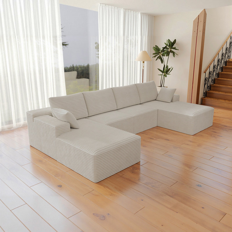 Siège modulaire 131,9 * 68,9 po, canapé modulaire rembourré pour salon, chambre à coucher, appartement, aucun assemblage requis, combinaison gratuite pour 4 PC, tissu en velours côtelé moelleux, BLANC