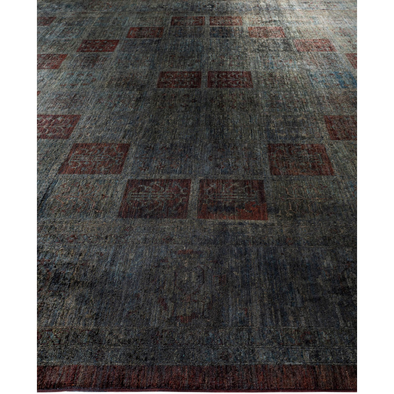Tapis unique noué à la main Rachal - gris, 12 pi 3 po x 17 pi 6 po