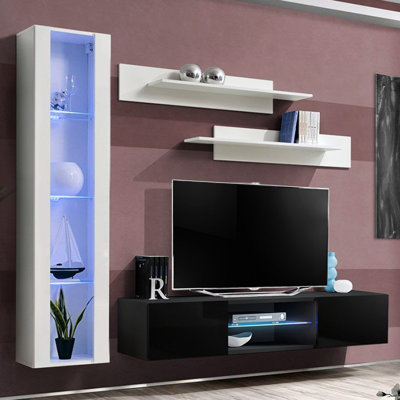 Letson 85" Modern Floating Wall Mounted Entertainment Center with 16-Color LED Lighting, High Gloss Finish