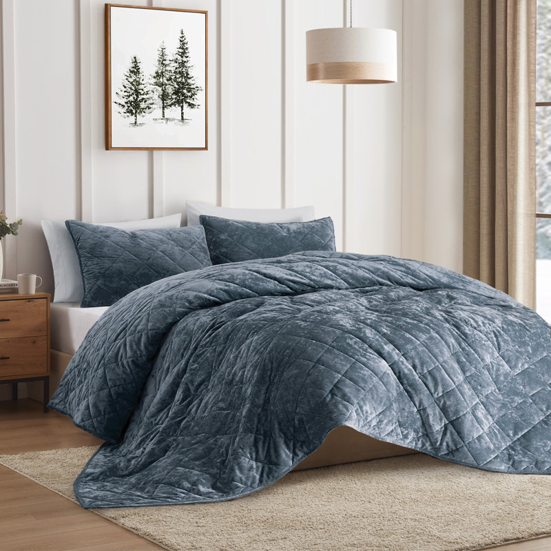 Wonderful Velvet & Flannel Quilt Set, Diamond Quilting Lightweight Comforter with Pillow Shams, Holiday Gift, Light Brown