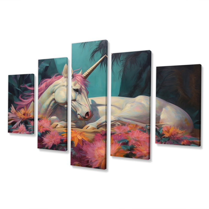 Mignonnes licornes dormant ensemble dans un champ de fleurs V - Licorne fantastique, art mural, salon - 5 panneaux