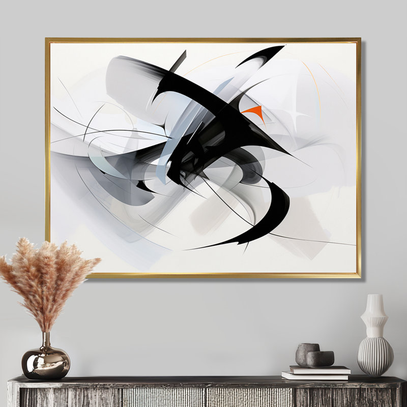 «Black Midnight Jazz» avec une touche d'orange - impression d'art abstrait en spirale, Cadre flottant doré, H 12 po x l 20 po